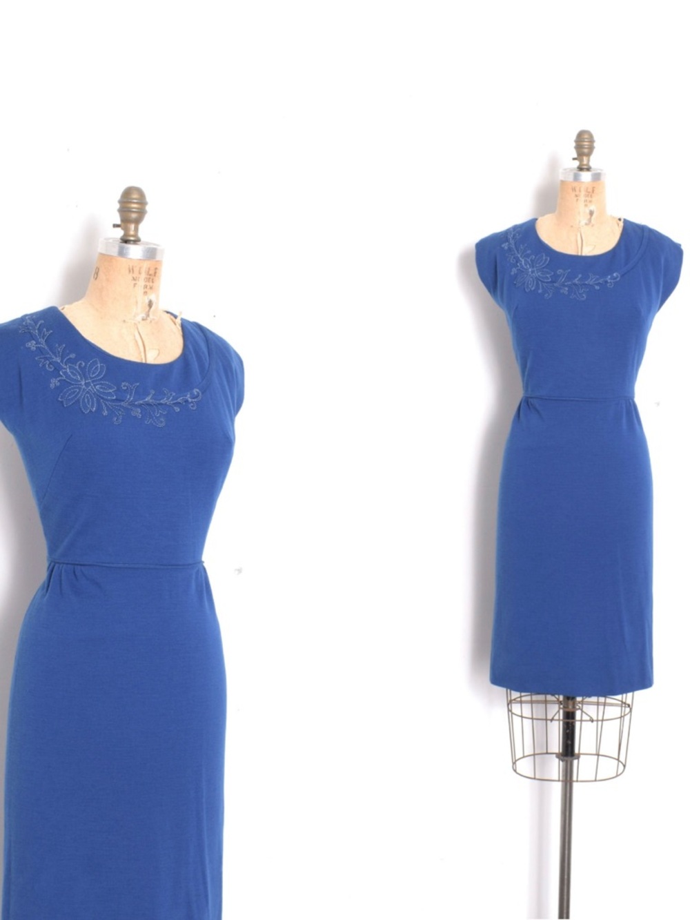 1960s Vintage Royal Blue Cap-Sleeve Sheath Dress PETITE